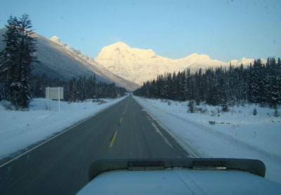 View of Mount Robson bathed in sunset light.